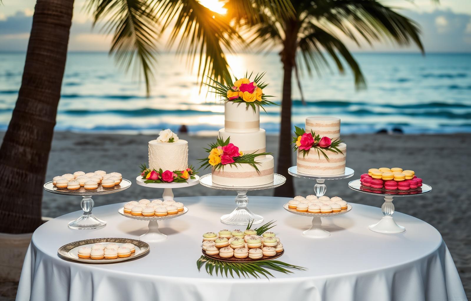 Tropical beach dessert table at sunset