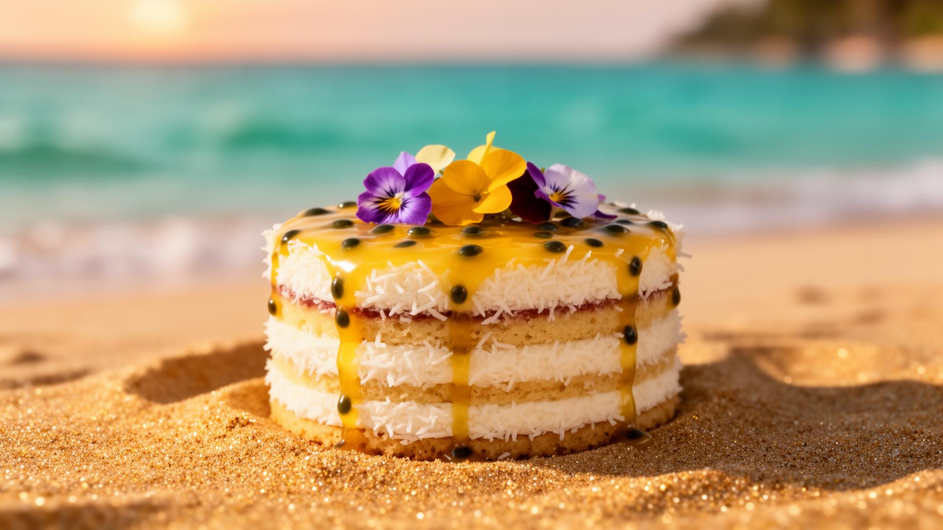 Tropical coconut passionfruit cake on the beach