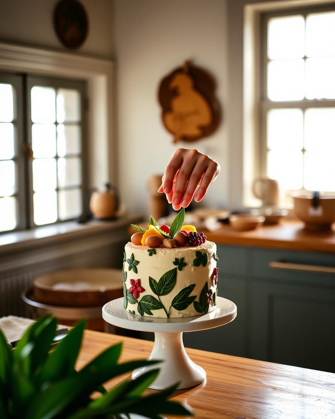 Pastry chef hand-finishing a tropical cake in a sunlit coastal kitchen
